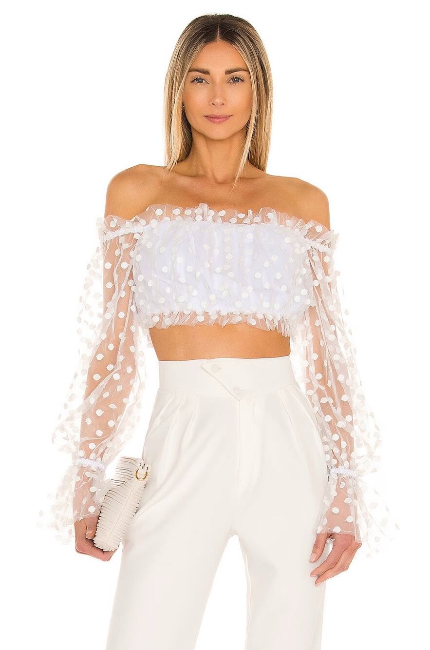 Majorelle Baby Bye Bye Top White Polka Dot Sheer Crop Top Revolve NEW
